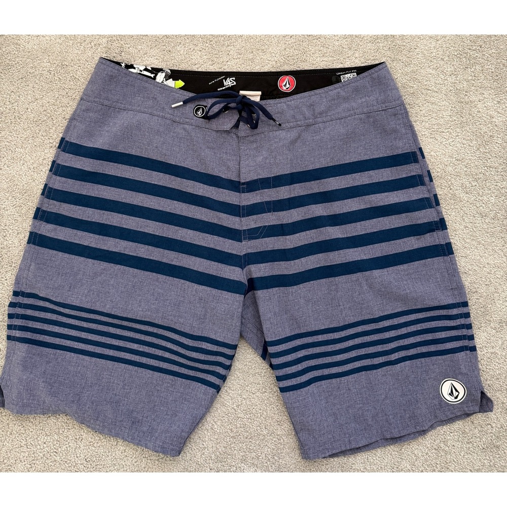 Volcom V4S 4-way Stretch Board Shorts Mens 38 Blue Striped Cinch Fly